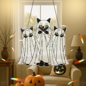 Ghost Cat Suncatcher – Holographic Halloween Acrylic Window Decor – Cute Spooky Black Cat Hanging – Ghost Kitty Witchy Gift