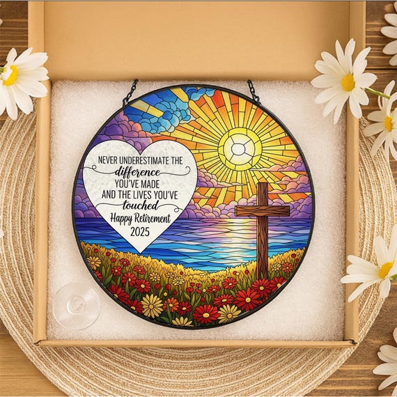 Personalized Retirement Suncatcher: Faux Glass Cross Window Decor