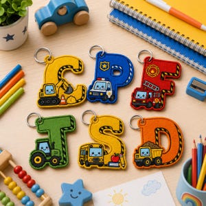 Può includere: Sei portachiavi in feltro ricamato a forma di lettere C, P, F, T, S e D. Ogni lettera presenta un colorato veicolo a cartoni animati: un escavatore giallo, un'auto della polizia blu, un camion dei pompieri rosso, un trattore verde, uno scuolabus giallo e un camion con cassone ribaltabile arancione.