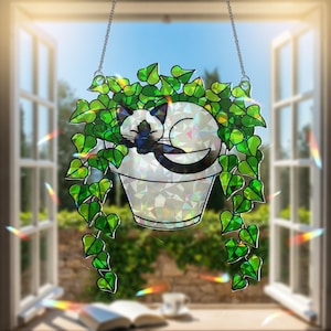 Holographic Siamese Cat in Ivy Plant Suncatcher, Acrylic Window Hanging, Cat Lover Gift, Mother&#39;s Day Home Decor, Siamese Lovers Spring Gift