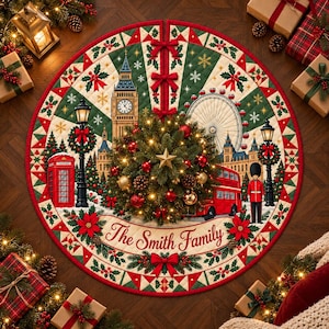 Gonna per albero di Natale personalizzata con motivo patchwork: paesaggio natalizio di Londra con bordo rosso e decorazione a patchwork.