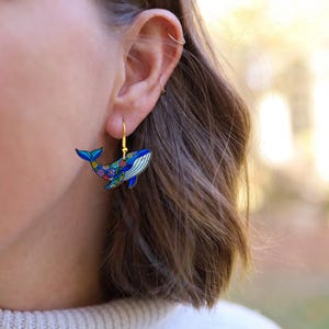 Floral Blue Whale Earrings: Ocean Nautical Jewelry