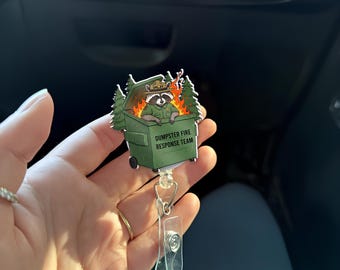 Dumpster Fire Raccoon Badge Reel: Funny ID Holder, Nurse Gift