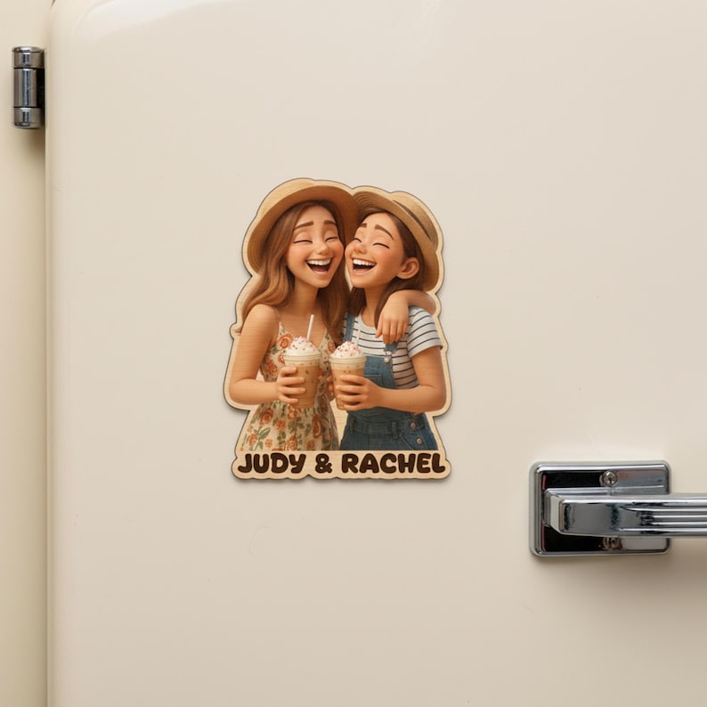 Pu&ograve; includere: Un magnete in legno con un'illustrazione a cartoni animati di due donne sorridenti, ognuna con una bevanda con panna montata. Indossano cappelli e si abbracciano. Il testo "JUDY & RACHEL" &egrave; sotto l'immagine.