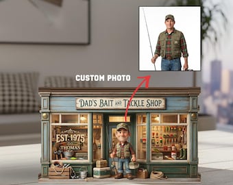 Letrero de madera personalizado para tienda de artículos de pesca: placa con diorama de pesca para papá.