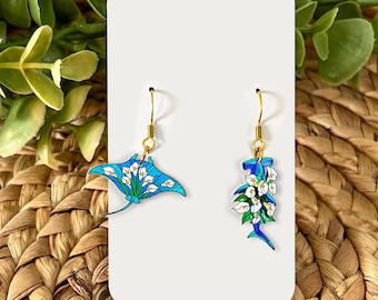 Floral Shark & Manta Ray Earrings: Beachy Ocean Animal Jewelry