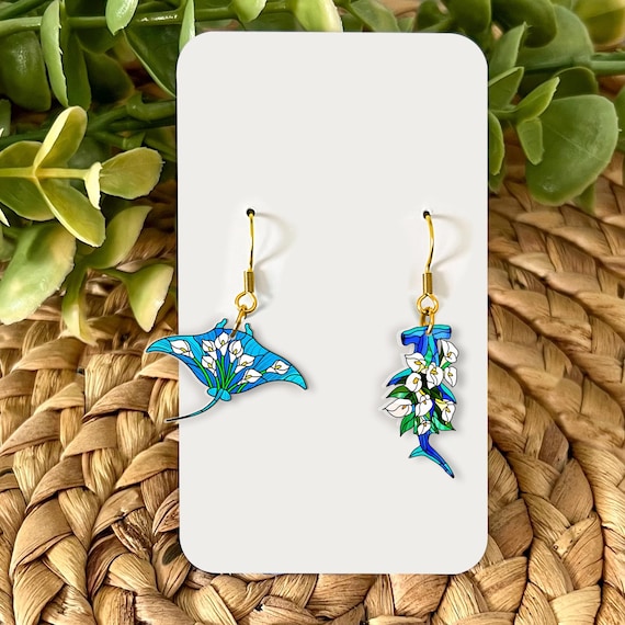 Floral Shark & Manta Ray Earrings: Beachy Ocean Animal Jewelry
