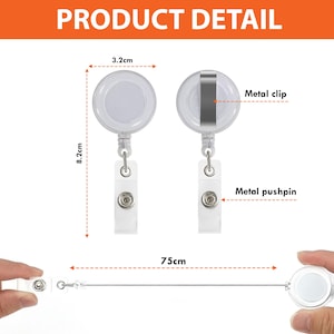May include: Two clear retractable badge holders with a metal clip and pushpin. The holders are 3.2 inches in diameter and 8.2 inches tall. The retractable cord is 30 inches long.