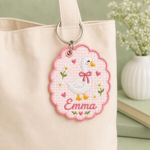 Embroidered Goose Bag Charm, Pink Gingham Fabric with Personalized Name
