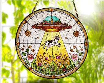 Funny UFO Abducted Cow Suncatcher: Quirky Farmhouse Window Hanging