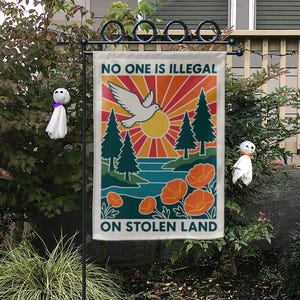 Political Statement Garden Flag: Indigenous Rights, Dove & Sunset Design