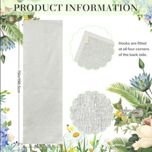 May include: An off-white cotton-linen blend fabric, rectangular in shape, measuring 190.5 cm in length and 61 cm in width. The image includes the text "PRODUCT INFORMATION" and "Hooks are fitted at all four corners of the back side."