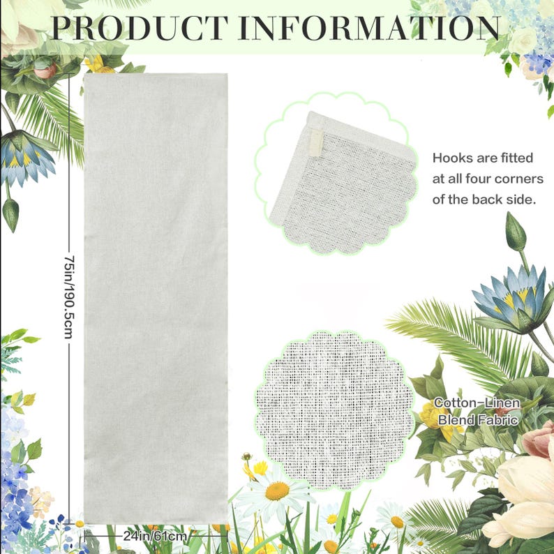 May include: An off-white cotton-linen blend fabric, rectangular in shape, measuring 190.5 cm in length and 61 cm in width. The image includes the text "PRODUCT INFORMATION" and "Hooks are fitted at all four corners of the back side."