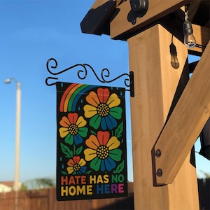 Hate Has No Home Here Garden Flag | Rainbow Floral Inclusive Yard Banner | LGBTQ+ Pride Outdoor Decor | Kindness Porch Sign