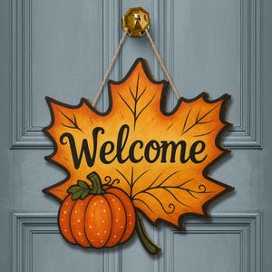 3D Wooden Welcome Sign: Fall Pumpkin & Leaf Door Hanger