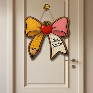 Personalized Teacher Door Sign, Pencil Bow Classroom Decor, Custom Name Apple Plaque, Back to School Gift, Wooden Teacher Sign
