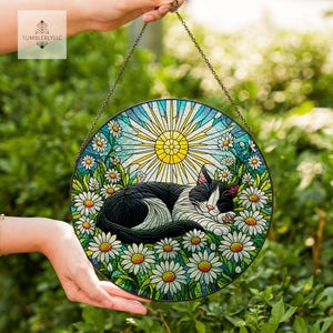 Tuxedo Cat Glass Suncatcher with Daisies and Sun, Glass Window Hanging, Cute Cat Lover Gift, Floral Home Decor gift for cat mom