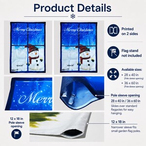 May include: A rectangular garden flag featuring a snowman in a snowy landscape with the text Merry Christmas. The flag is printed on two sides and includes a pole sleeve opening. Available sizes include 12 x 18 inches, 28 x 40 inches, and 36 x 60 inches.