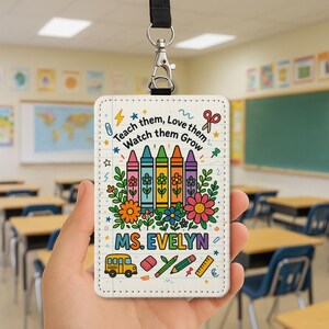 Teacher Badge Holder, Crayon Floral ID Tag, Teach Love Grow Card Case, Back to School Gift, Colorful Educator Lanyard Accessory