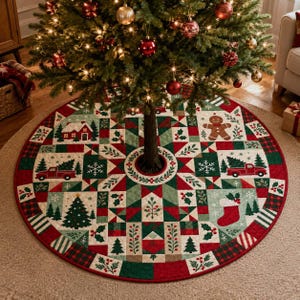 May include: A circular quilted Christmas tree skirt featuring a patchwork design in red, green, and white. The fabric displays patterns of gingerbread men, red trucks, houses, stockings, snowflakes, and evergreen trees with holly berry accents.