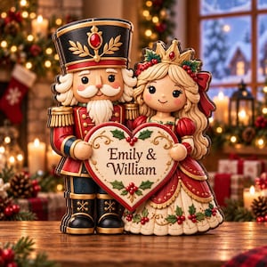 May include: A decorative wooden nutcracker figure standing next to a female figure, both holding a large heart-shaped sign that reads Emily & William. The nutcracker wears a black hat and red uniform, while the female figure wears a crown and red dress.