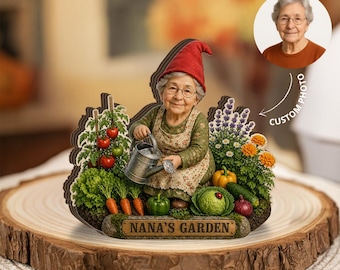 Custom Photo Gnome Printed Wooden Block, Personalized Grandma Garden Decor