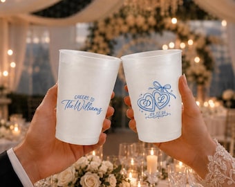 Bicchieri da matrimonio personalizzati in vetro satinato, bicchieri da ricevimento in plastica con monogramma, nomi e data