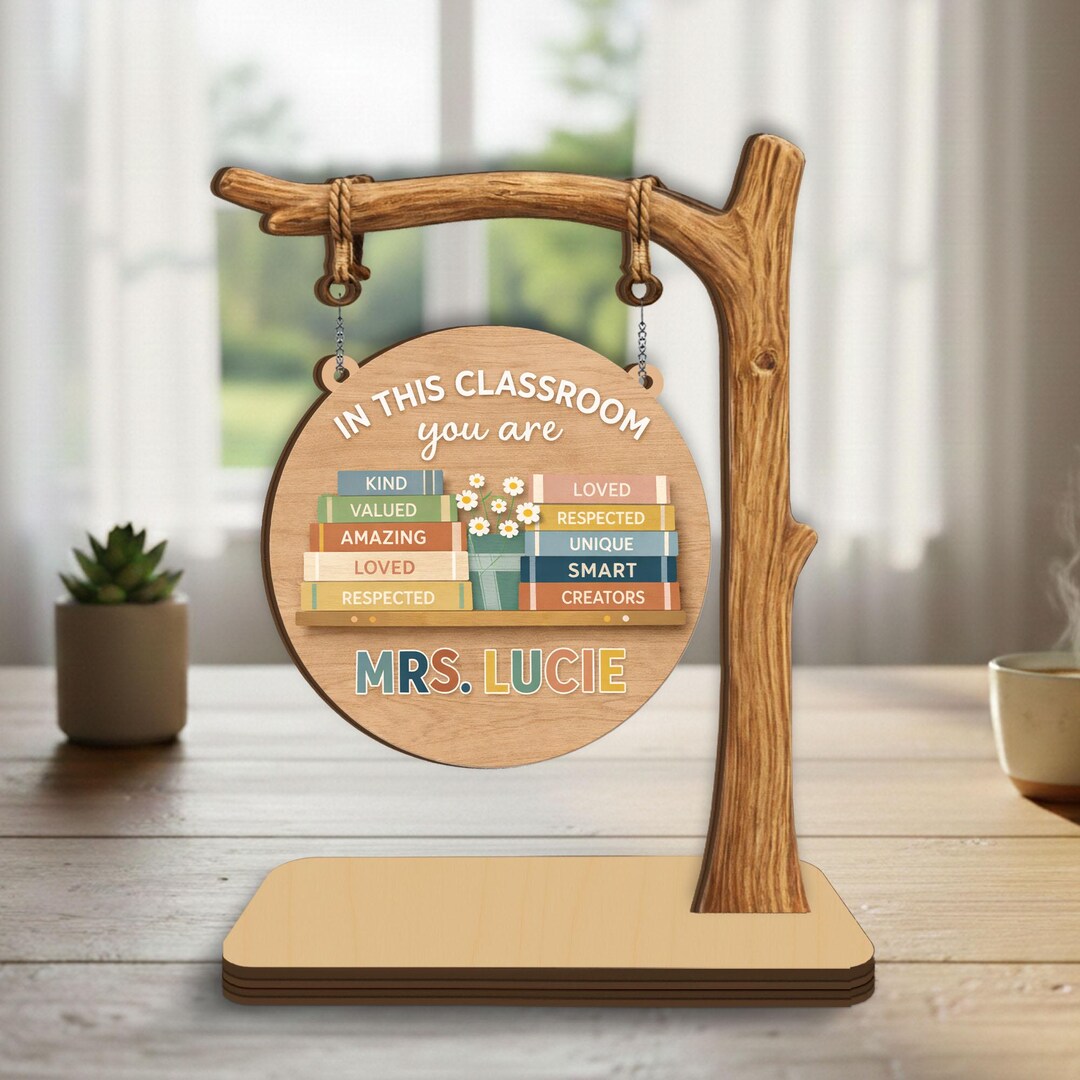 Personalized Wooden Teacher Classroom Sign With Tree Branch Desk Stand ...