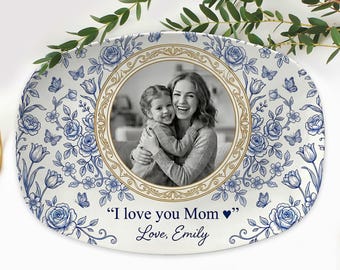 Anpassad fototallrik Blå blommig: Mors dag-present