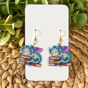Dragon Book Earrings – Cute Fantasy Dangle Jewelry for Readers – Sleeping Dragon Librarian Gift – Bookish Mythical Creature Accessory