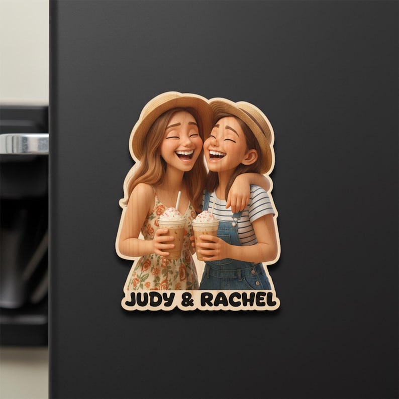 Pu&ograve; includere: Un magnete in legno raffigurante due donne sorridenti con cappelli di paglia, che si abbracciano e tengono in mano caff&egrave; freddi. Una indossa un vestito floreale, l'altra una salopette. Il magnete riporta la scritta "JUDY & RACHEL".