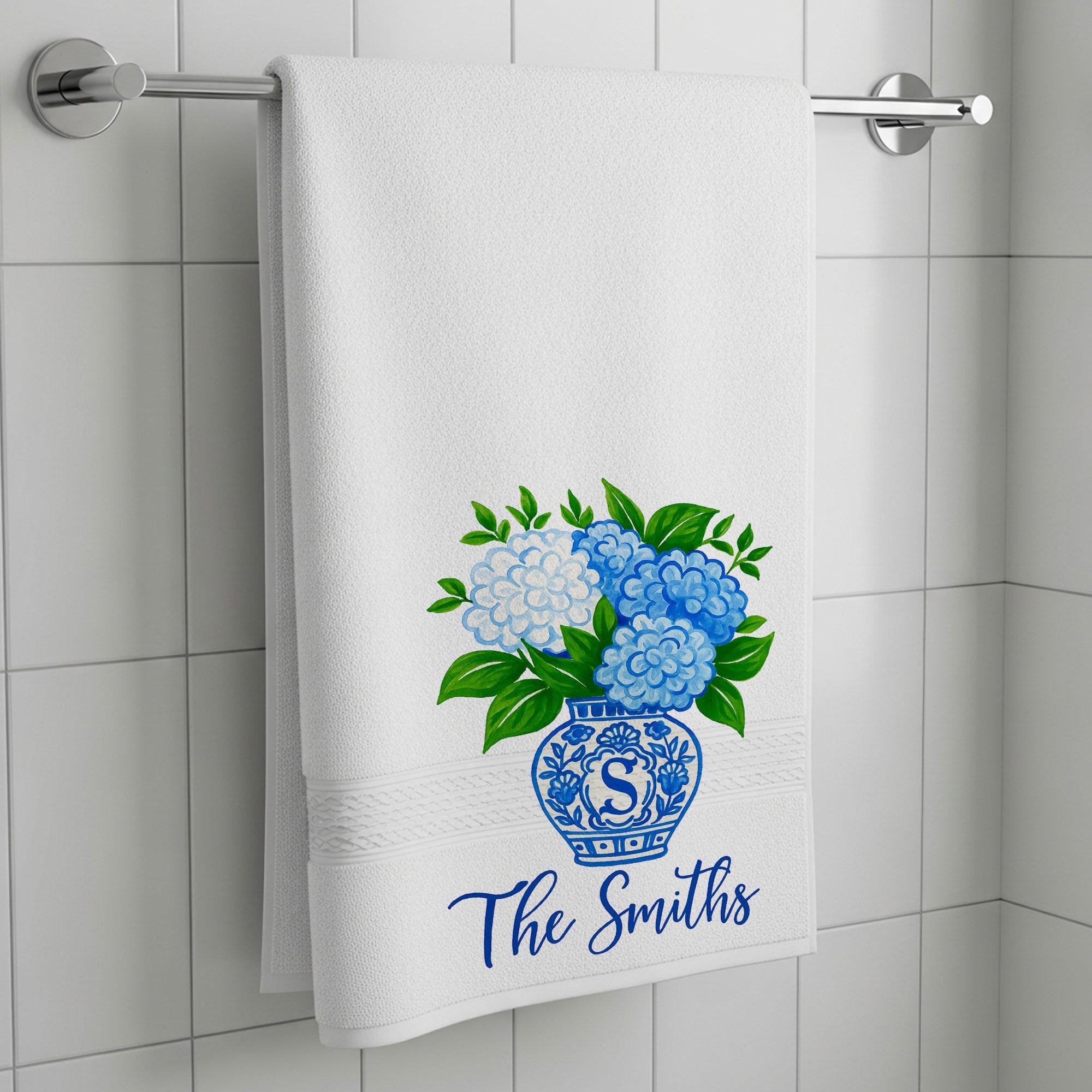 Personalized Kitchen Towel with Family Name – Blue Chinoiserie Hydrangea Flower Vase Hand Towel – Custom Monogram Tea Towel Gift for Home