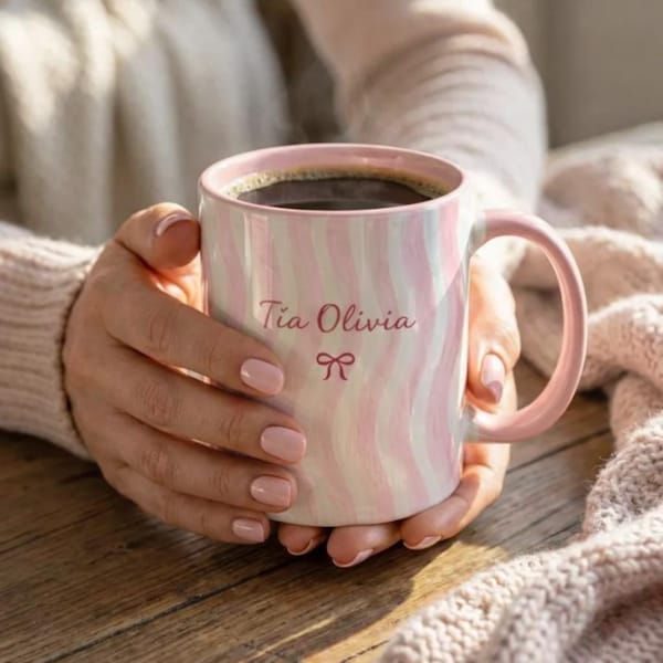 Custom Name Ceramic Mug, Tía Spanish Aunt Cup Stripe Coffee Mug, Personalized Drinkware