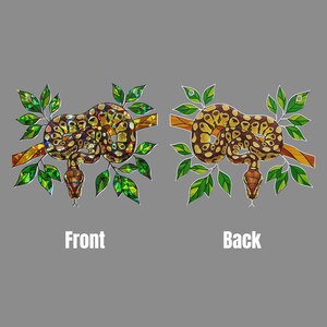 May include: Stained glass art showing a snake coiled around a branch with green leaves. The front and back views are shown, with the words "Front" and "Back" in white text. The snake has a brown and yellow pattern.
