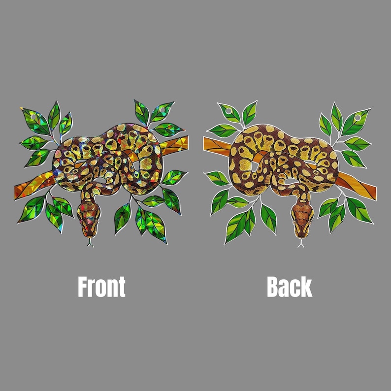 May include: Stained glass art showing a snake coiled around a branch with green leaves. The front and back views are shown, with the words "Front" and "Back" in white text. The snake has a brown and yellow pattern.