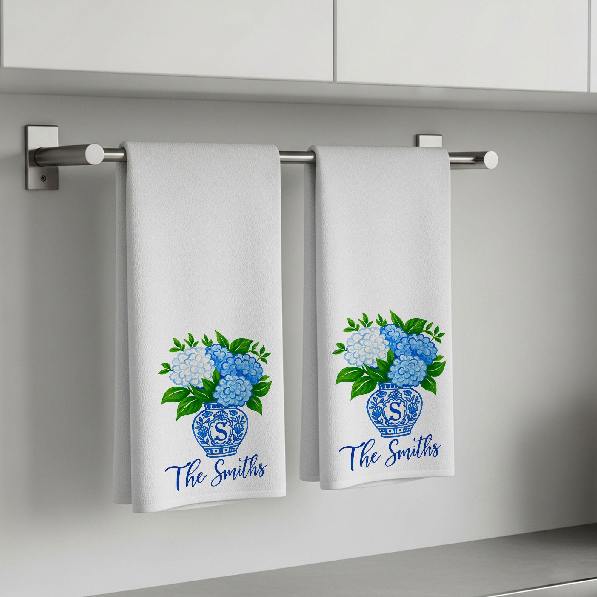 Personalized Kitchen Towel with Family Name – Blue Chinoiserie Hydrangea Flower Vase Hand Towel – Custom Monogram Tea Towel Gift for Home