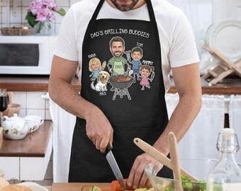 Custom Face Dad BBQ Apron: Kids Caricature Grill Personalized Family Cooking Apron with Names