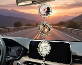 Adorno para espejo retrovisor con foto personalizada y texto "Conducir seguro"