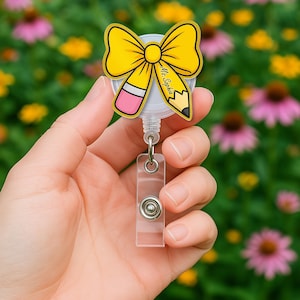 Custom Teacher Name Badge Reel: Bow Pencil Design