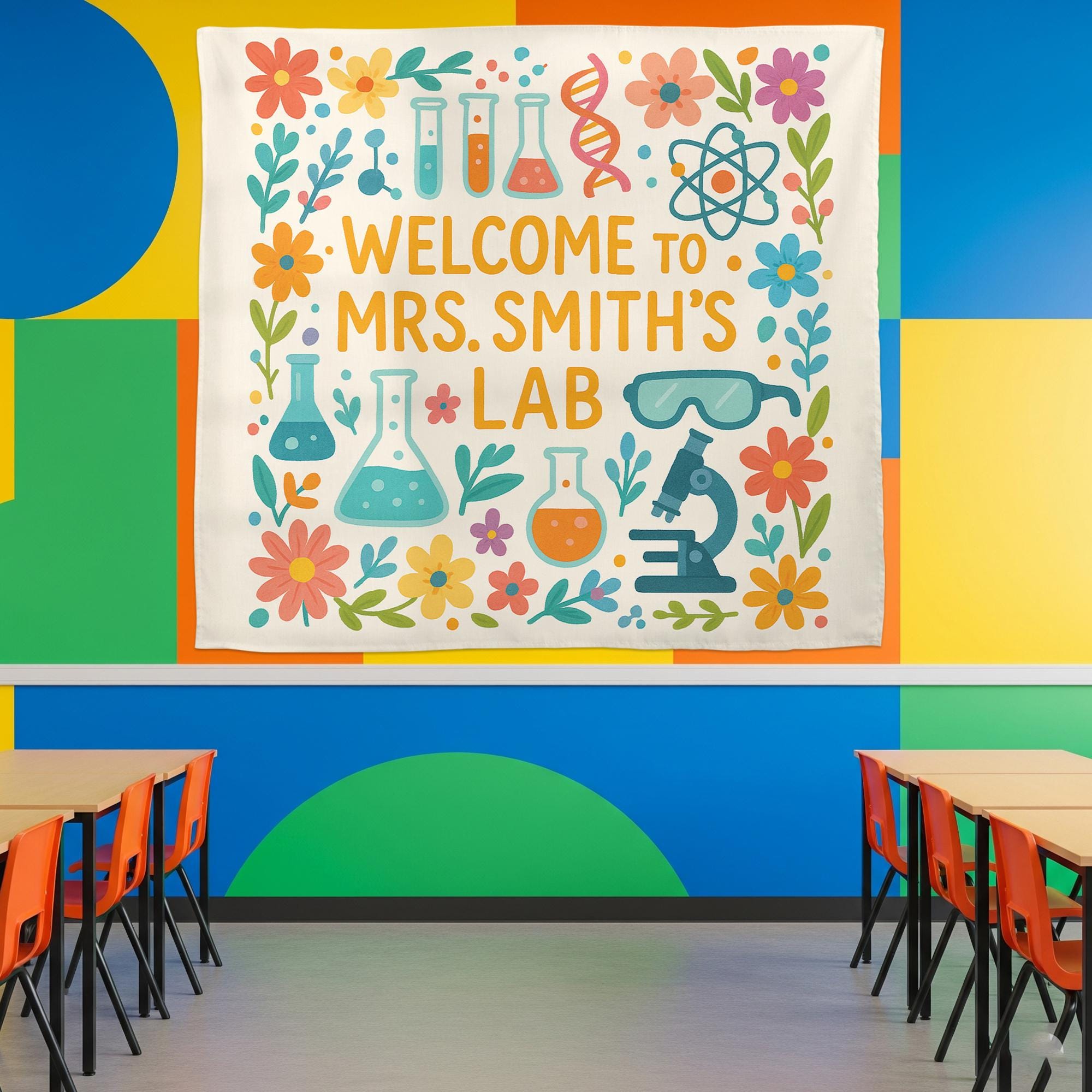 Tapiz de laboratorio de ciencias personalizado: decoración floral para aulas STEM