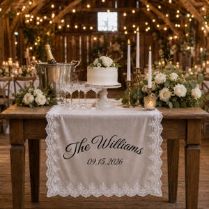 May include: A beige linen table runner with white lace trim, featuring the black printed text The Williams and the date 09.15.2026. The runner is draped over a wooden table, which also holds a white cake, champagne, and floral arrangements.
