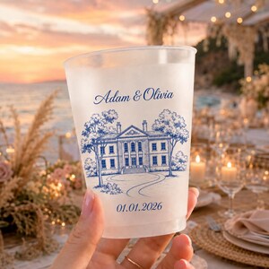 Personlig blå toile-mugg för bröllop med frostat glas: Plastglas för festlokaler