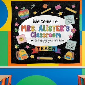 Personalized Classroom Tapestry, Welcome Banner for Classroom, Teacher Wall Decor, Back to School Sign, Rainbow Theme