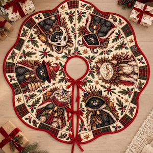 Puede incluir: Una falda de árbol de Navidad acolchada y circular con fondo crema y un patrón repetitivo de gatos vestidos con ropa festiva de invierno, acebo y ramas de pino. El borde festoneado está ribeteado en rojo con tres lazos de cinta roja.