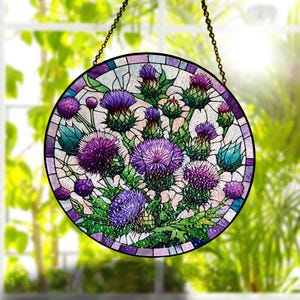 Purple thistles glass suncatcher, beautiful nature-inspired decoration, perfect for thistles lovers gift, indoor plant hanging