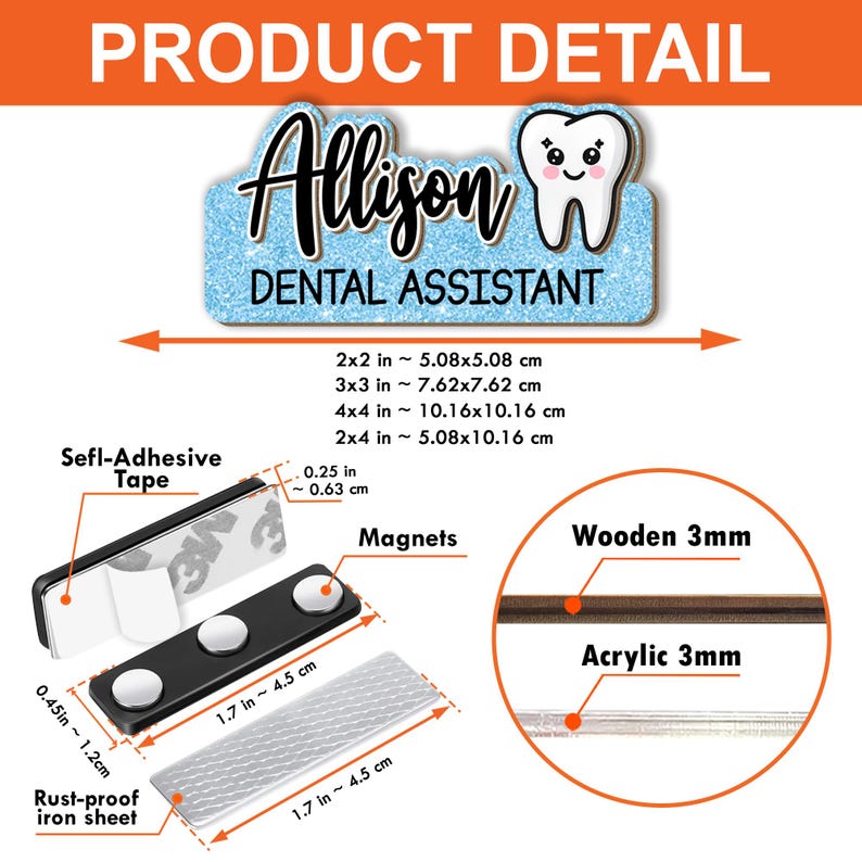 Op de afbeelding: Productdetailafbeelding met een naamplaatje "Allison, Tandartsassistent". De afbeelding toont ook zelfklevende tape, magneten en een roestvrij ijzeren plaat. Afmetingen worden weergegeven in inches en cm.