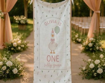 Custom 1st Birthday Cotton Linen Sign, Silly Goose Theme Banner, Personalized Party Decor