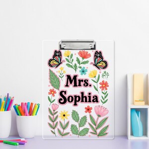 Personalized Faux Glitter Floral Clipboard, Custom Name Teacher Gift, Butterfly Clipboard for Teacher, Cute School Supplies, Back To School