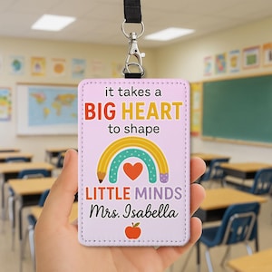 Big Heart Teacher Badge Holder, Personalized Leather ID Tag, Rainbow Classroom Lanyard, Custom Teacher Gift, Back to School