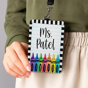 Personalized Teacher Badge Holder, Custom Crayon Lanyard ID Tag, Cute Name Tag for School, Custom Teacher Gift, Teacher Accessories
